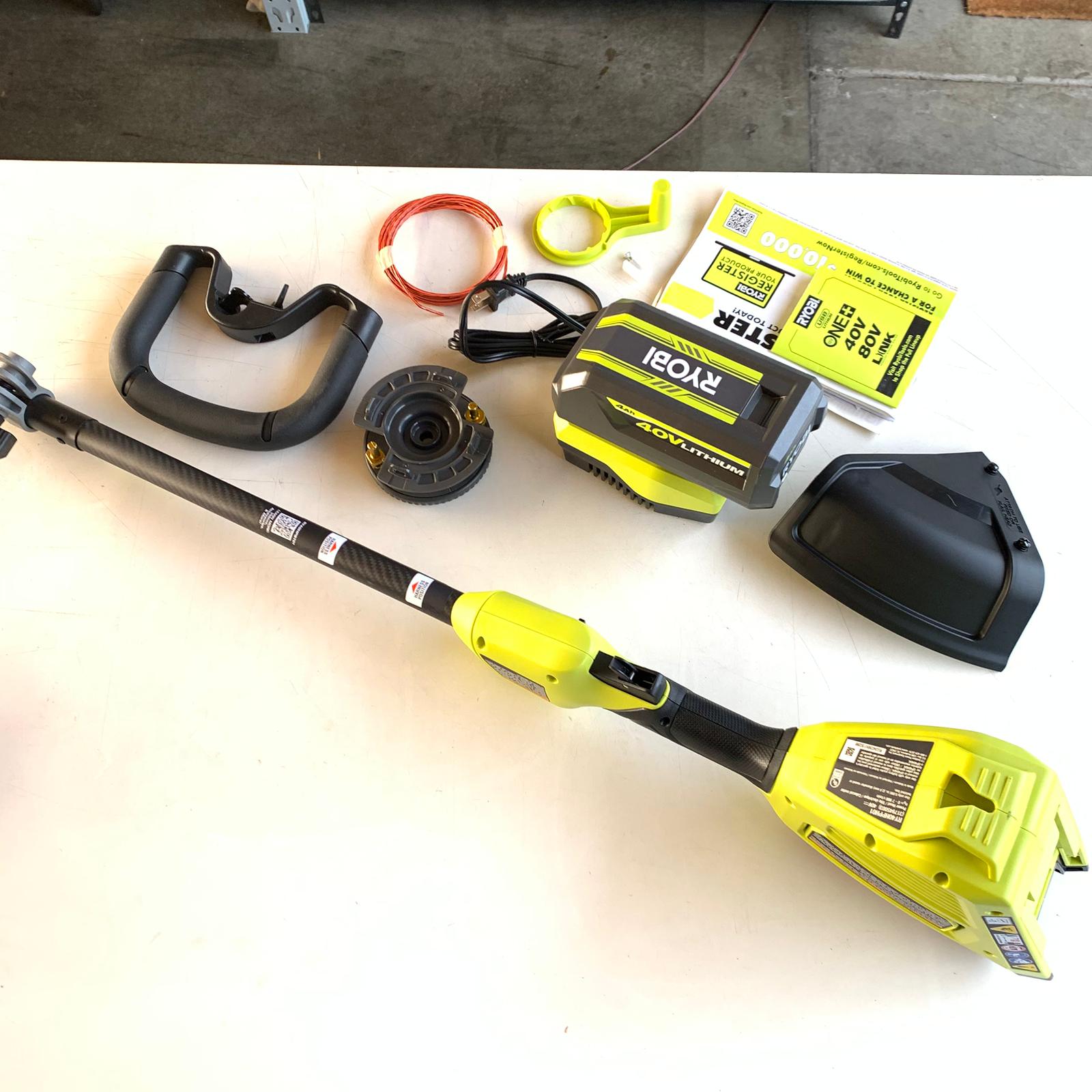 40V HP Brushless 16 in. Cordless Carbon Fiber Shaft Attachment Capable String Trimmer with 4.0 Ah Battery and Charger (RY40HPST01K) 40V HP Brushless 16 in. Cordless Carbon Fiber Shaft Attachment Capable String Trimmer with 4.0 Ah Battery and Charger (RY40HPST01K)